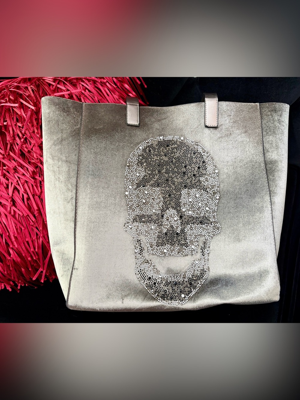 Embellished Crystal Skull Tote in Metallic Silver
